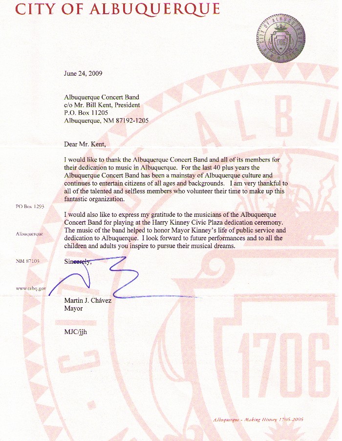 Mayor Chavez's Letter to the Albuquerque Concert Band